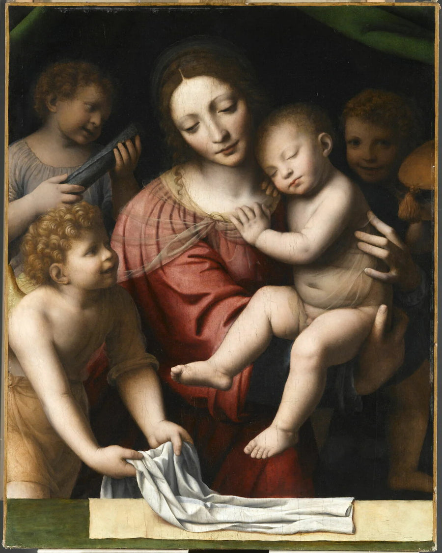 Le Sommeil de l'Enfant Jésus ou La Vierge accompagnée de trois anges tenant l'Enfant Jésus endormi - Bernardino Luini