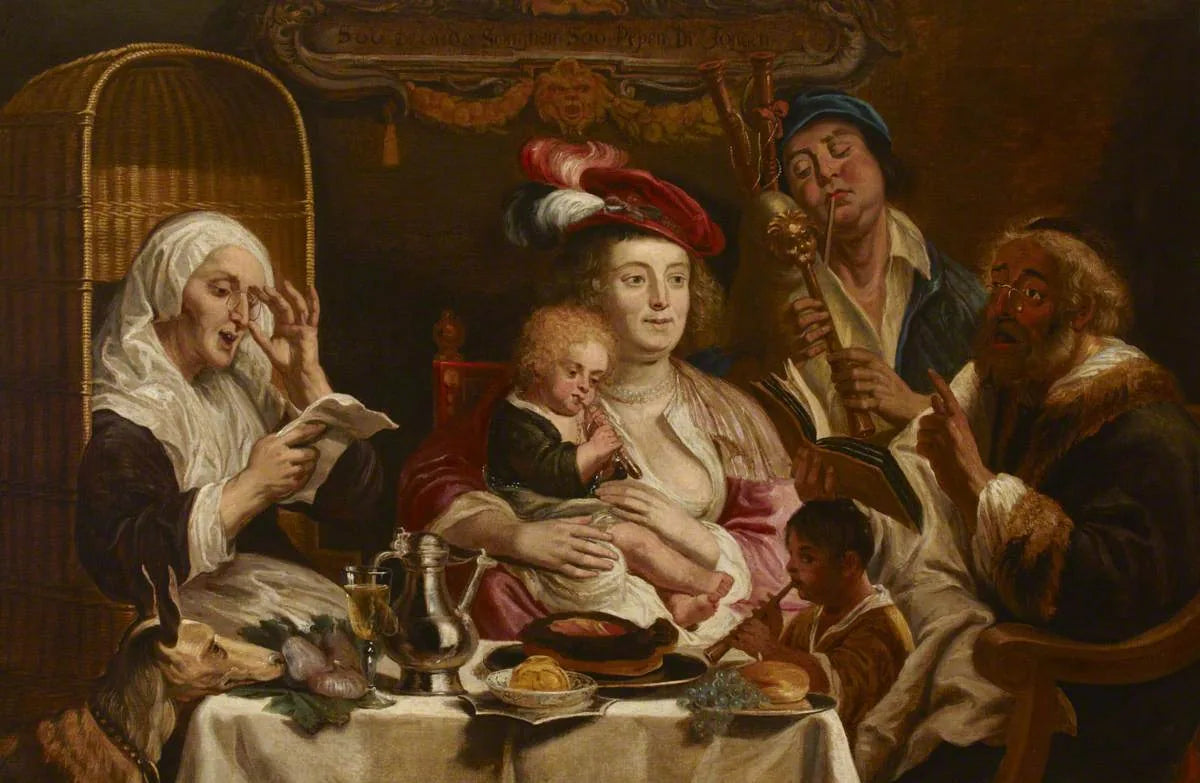 Soo de Oude Songhen, Soo Pepen de Jongen' (connu sous le nom de 'As the Old Sang, so the Young Pipe') - Jacob Jordaens image 1 copie de tableau peinte à la main