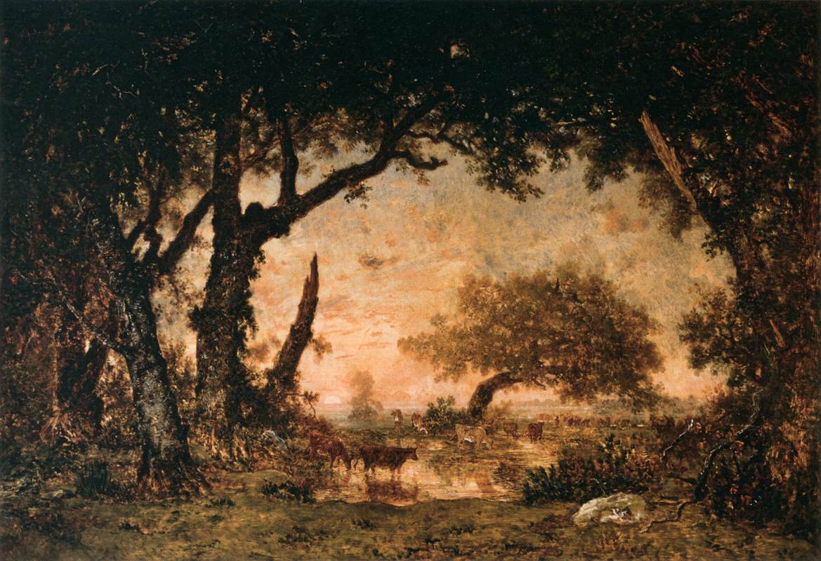 Sortie de forêt à Fontainebleau, soleil couchant - Théodore Rousseau image 1 copie de tableau peinte à la main