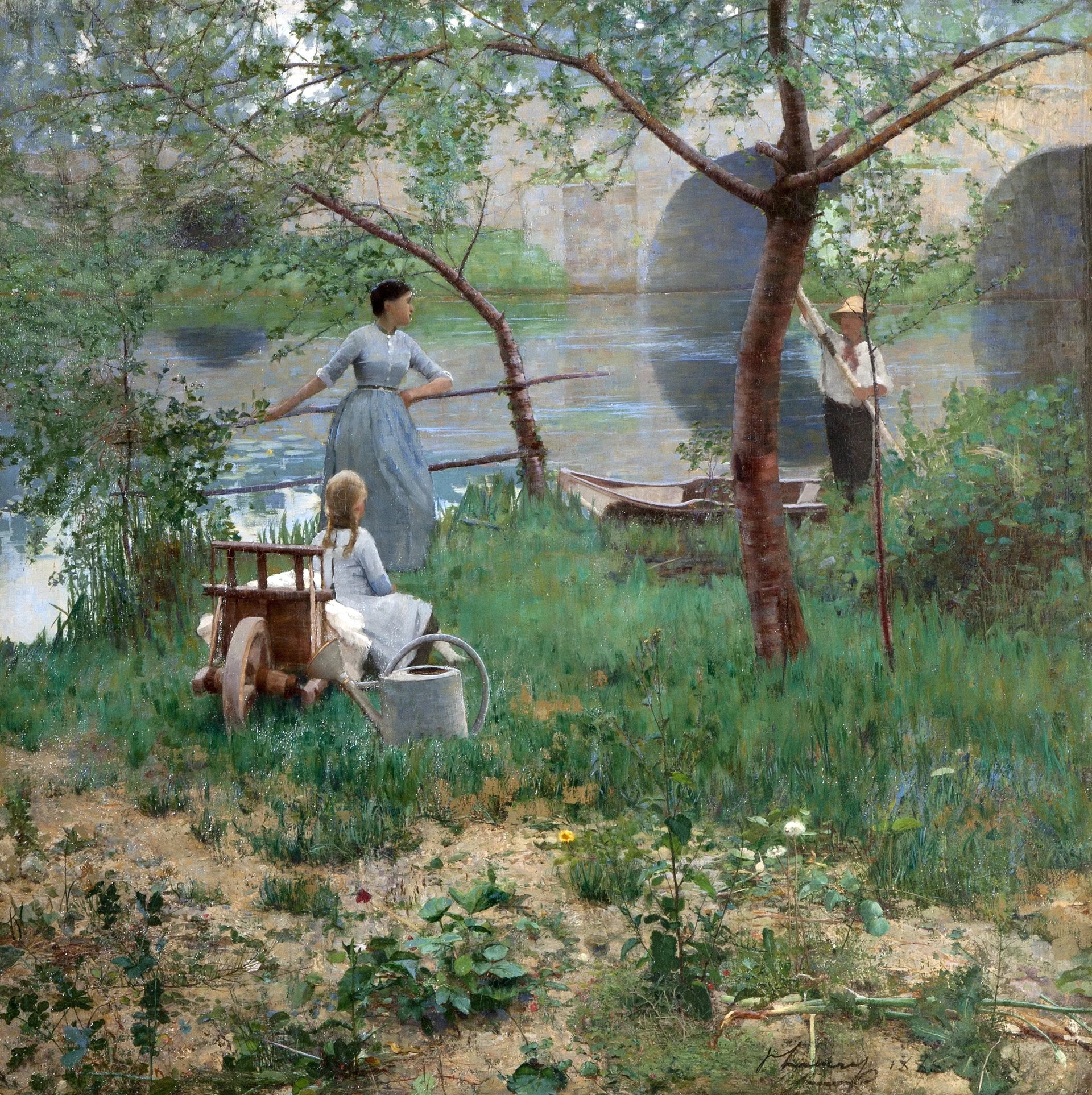 Sous le cerisier (anciennement intitulé « Sur le Loing, une conversation d'après-midi ») - John Lavery image 1 reproduction d’œuvre d’art à l’huile