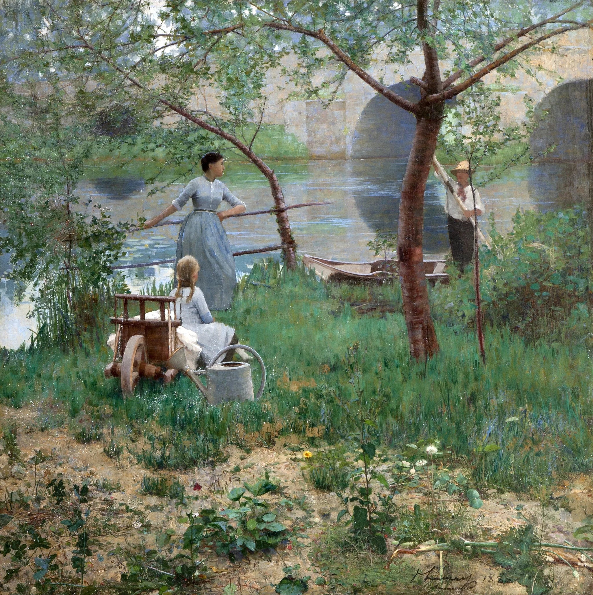 Sous le cerisier (anciennement intitulé « Sur le Loing, une conversation d'après-midi ») - John Lavery image 1 reproduction d’œuvre d’art à l’huile