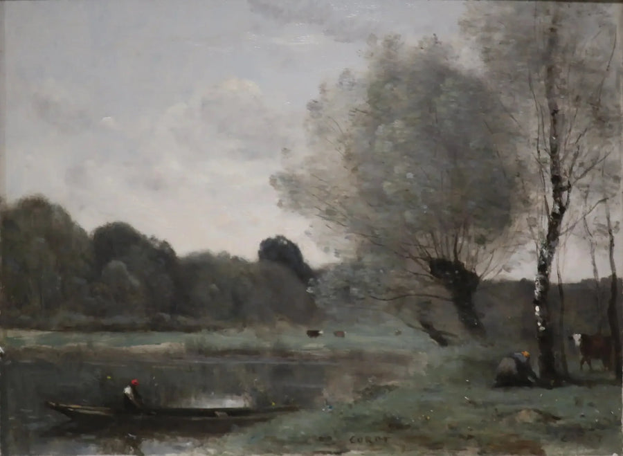 Souvenir de Ville-d'Avray. Saules et bouleau au bord de l'étang - Jean-Baptiste Camille Corot image 1 reproduction artisanale de tableau