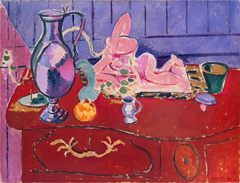 Statuette et cruche roses sur une commode rouge - Henri Matisse
