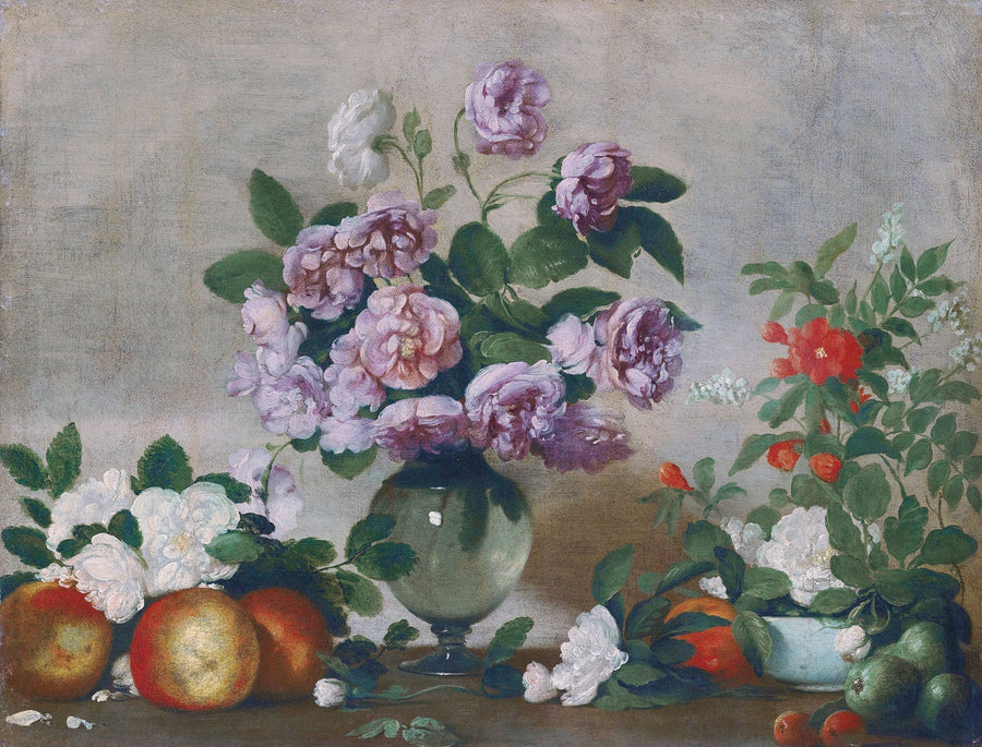 Still Life with Peonies and Fruit - Bernardo Strozzi