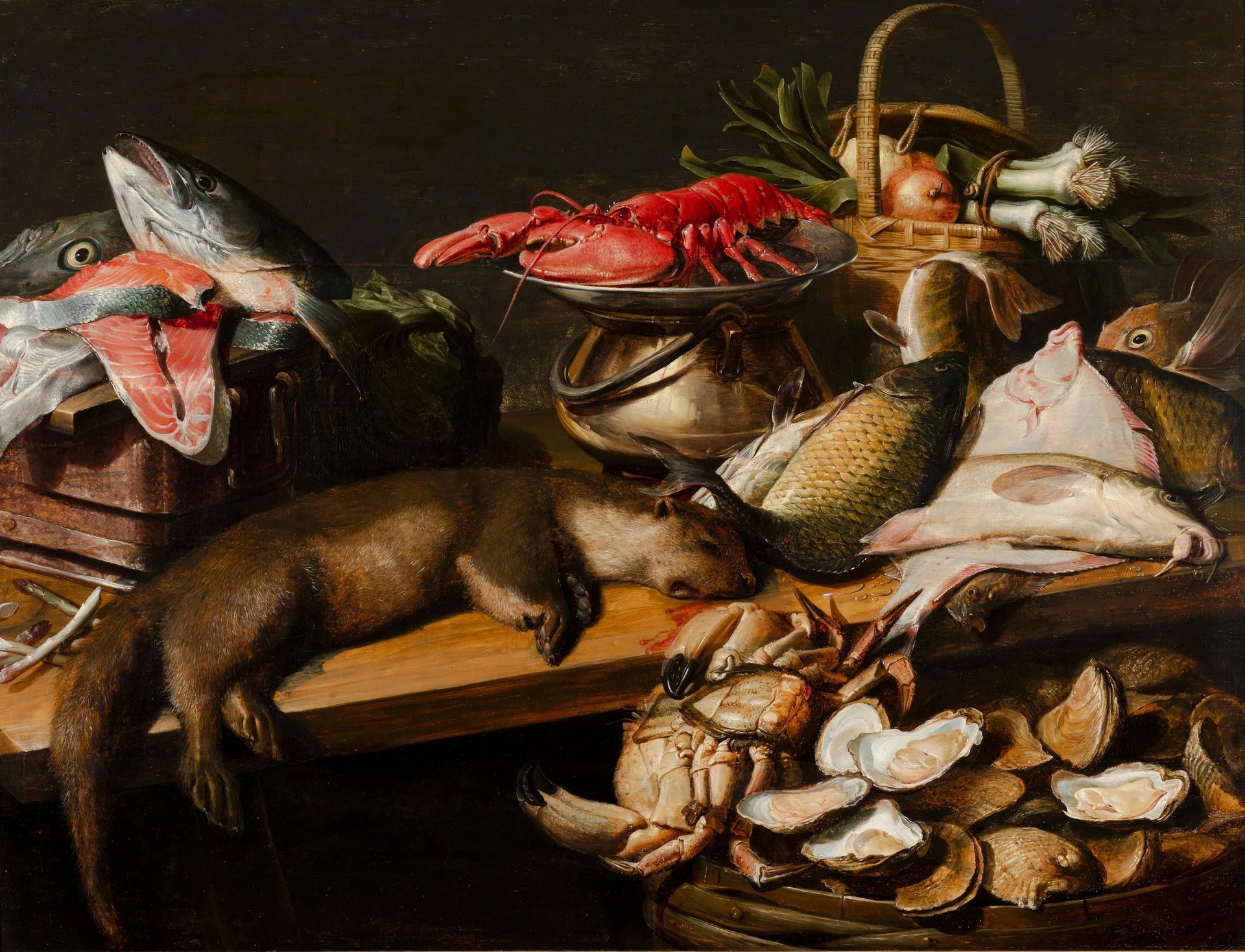 Stilleven met vis, groenten en een bever - Frans Snyders image 1 reproduction de peinture à l’huile