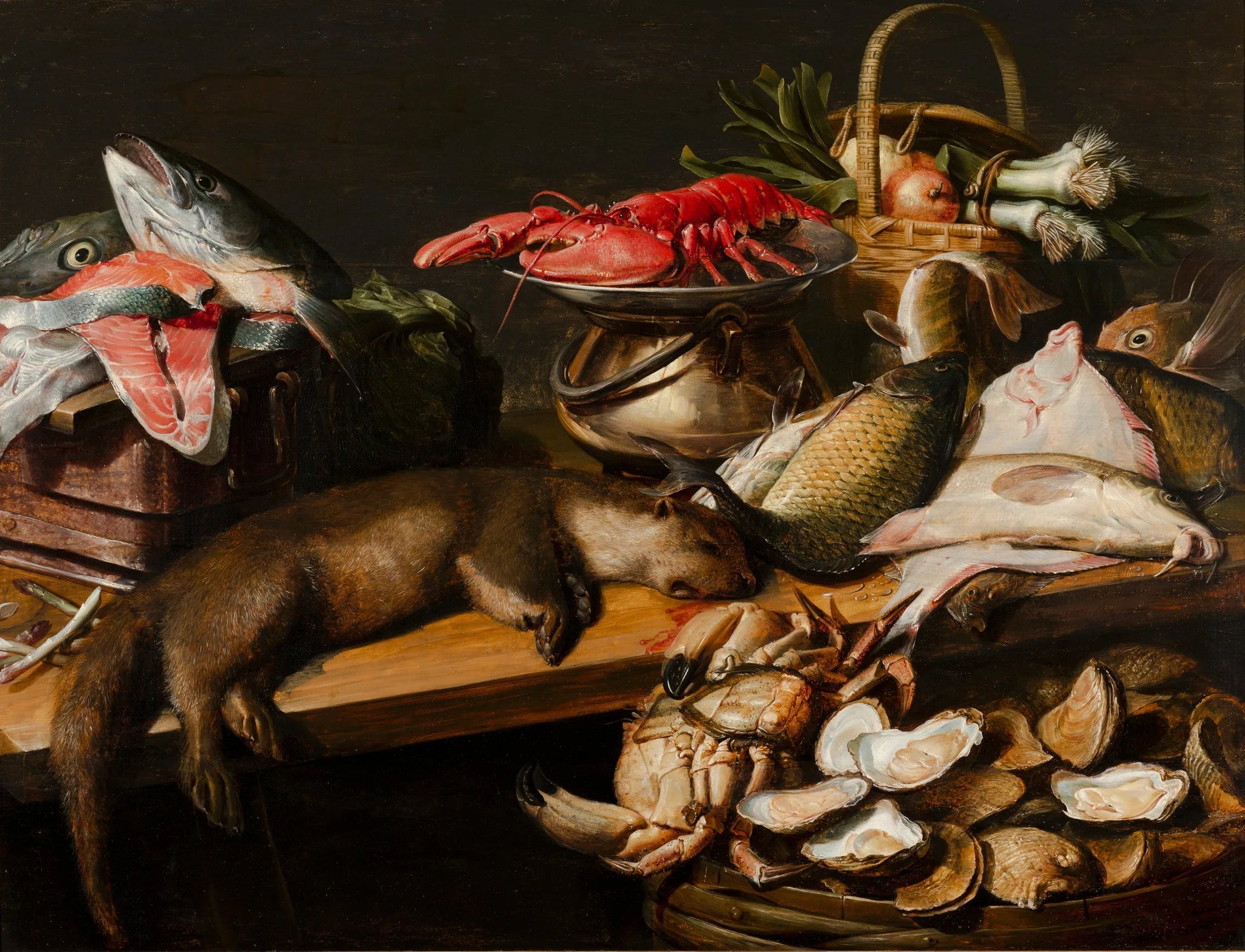 Stilleven met vis, groenten en een bever - Frans Snyders image 1 reproduction de peinture à l’huile