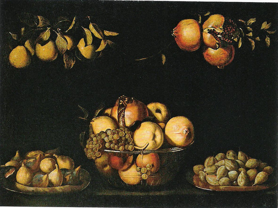 Stillleben mit Fruchtschale aus Glas und hängenden Früchten - Juan van der Hamen