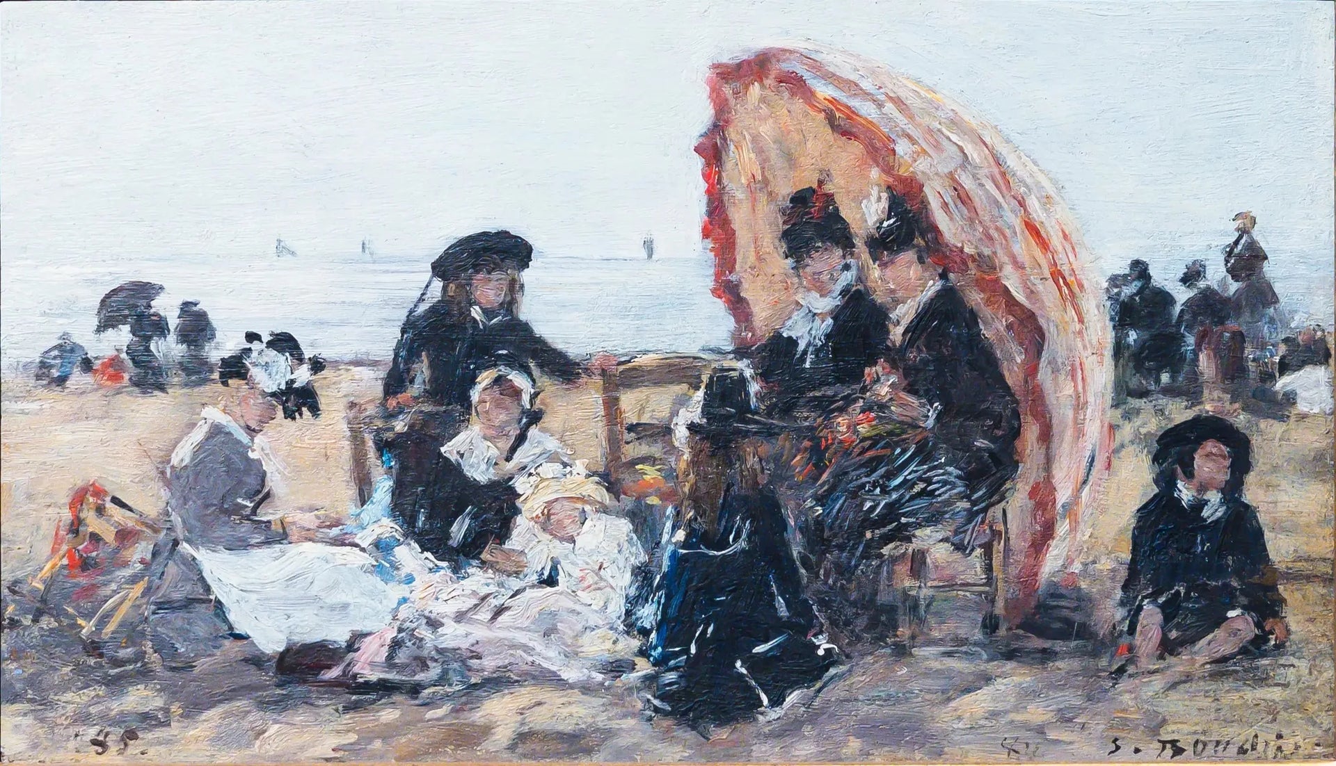Sur la plage de Trouville, à l'abri du parasol rouge - Eugène Boudin image 1 reproduction de peinture à l’huile