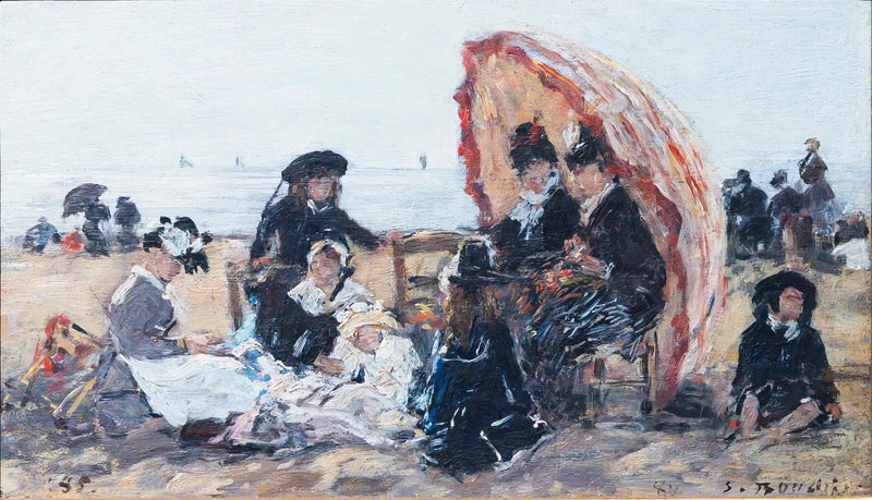 Sur la plage de Trouville, à l'abri du parasol rouge - Eugène Boudin