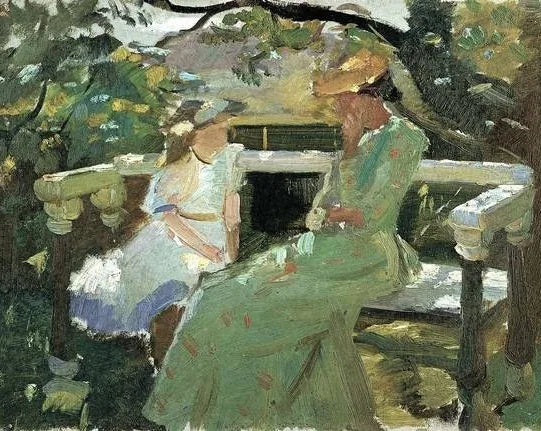 Sur le banc du jardin - Anna Ancher image 1 reproduction artisanale de tableau