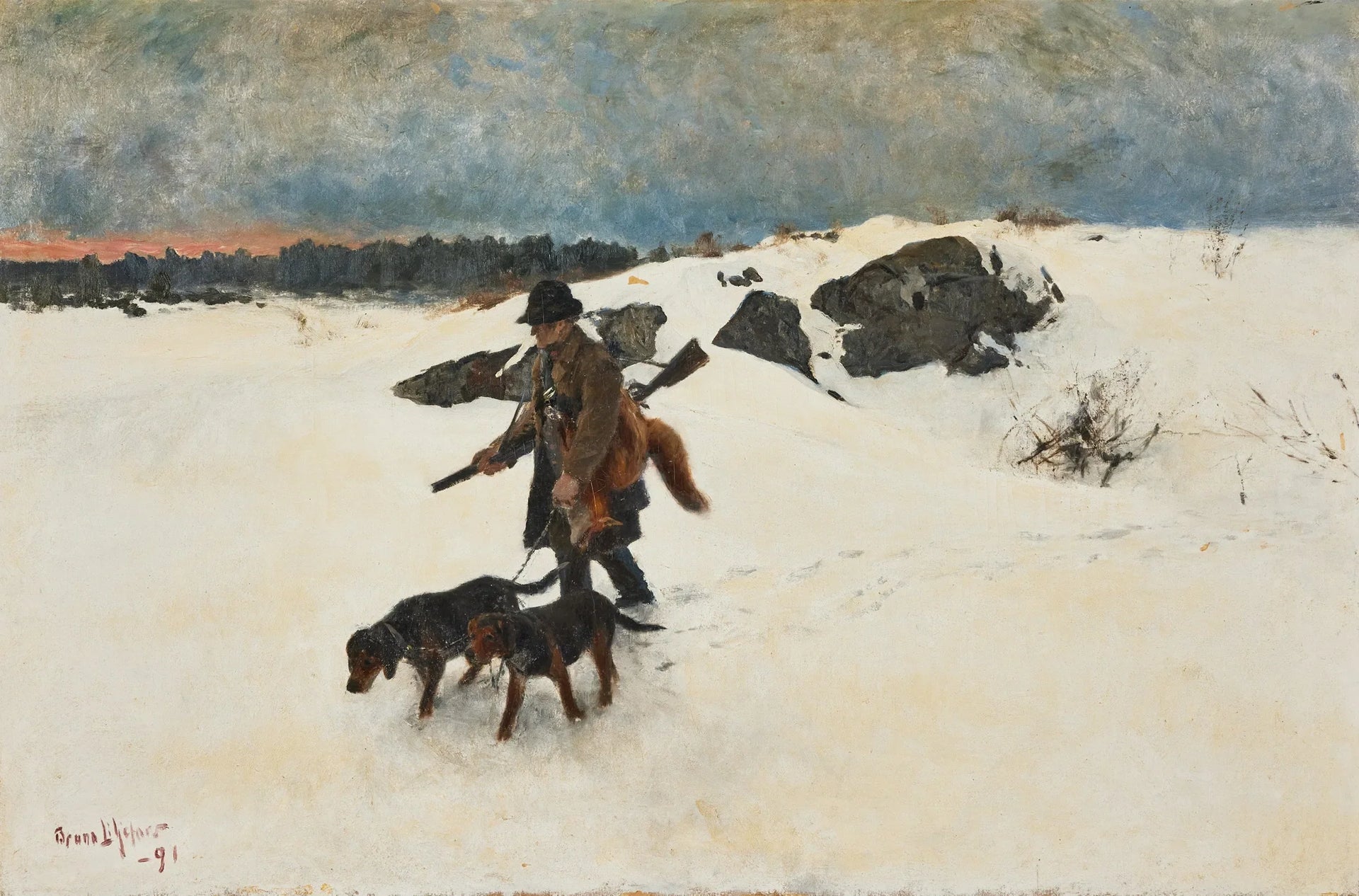 Sur le chemin du retour de la chasse au renard - Bruno Liljefors image 1 reproduction artisanale de tableau
