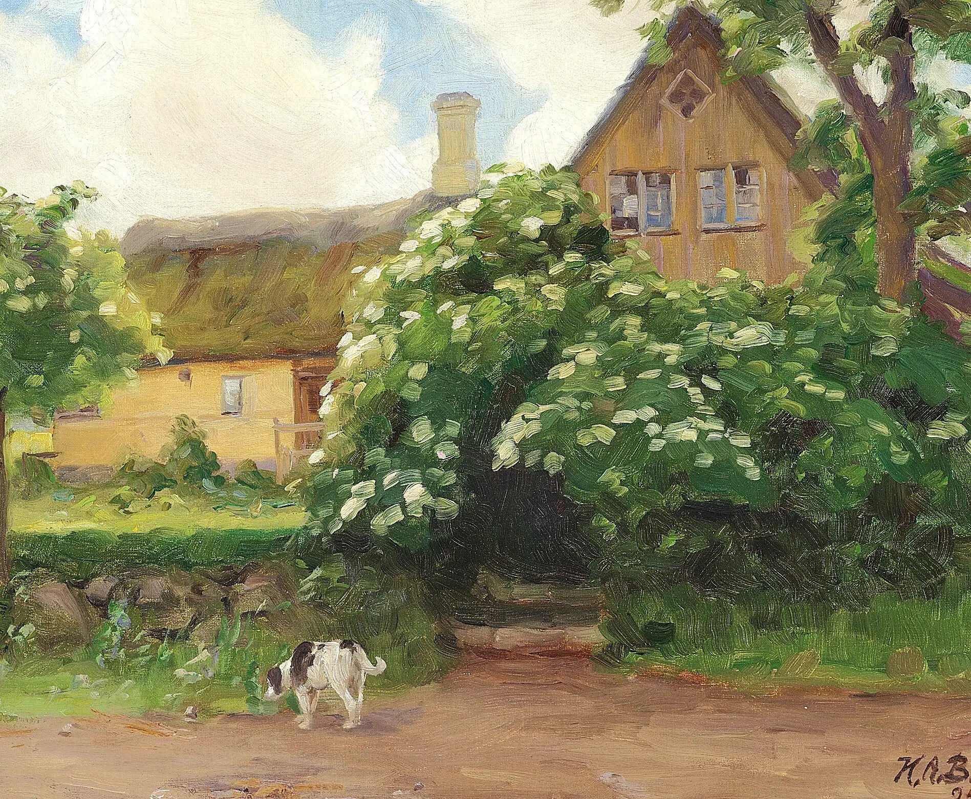 Sureaux en fleurs et chien à l'entrée d'une ferme au toit de chaume. - H. A. Brendekilde image 1 copie peinte à la main à l’huile