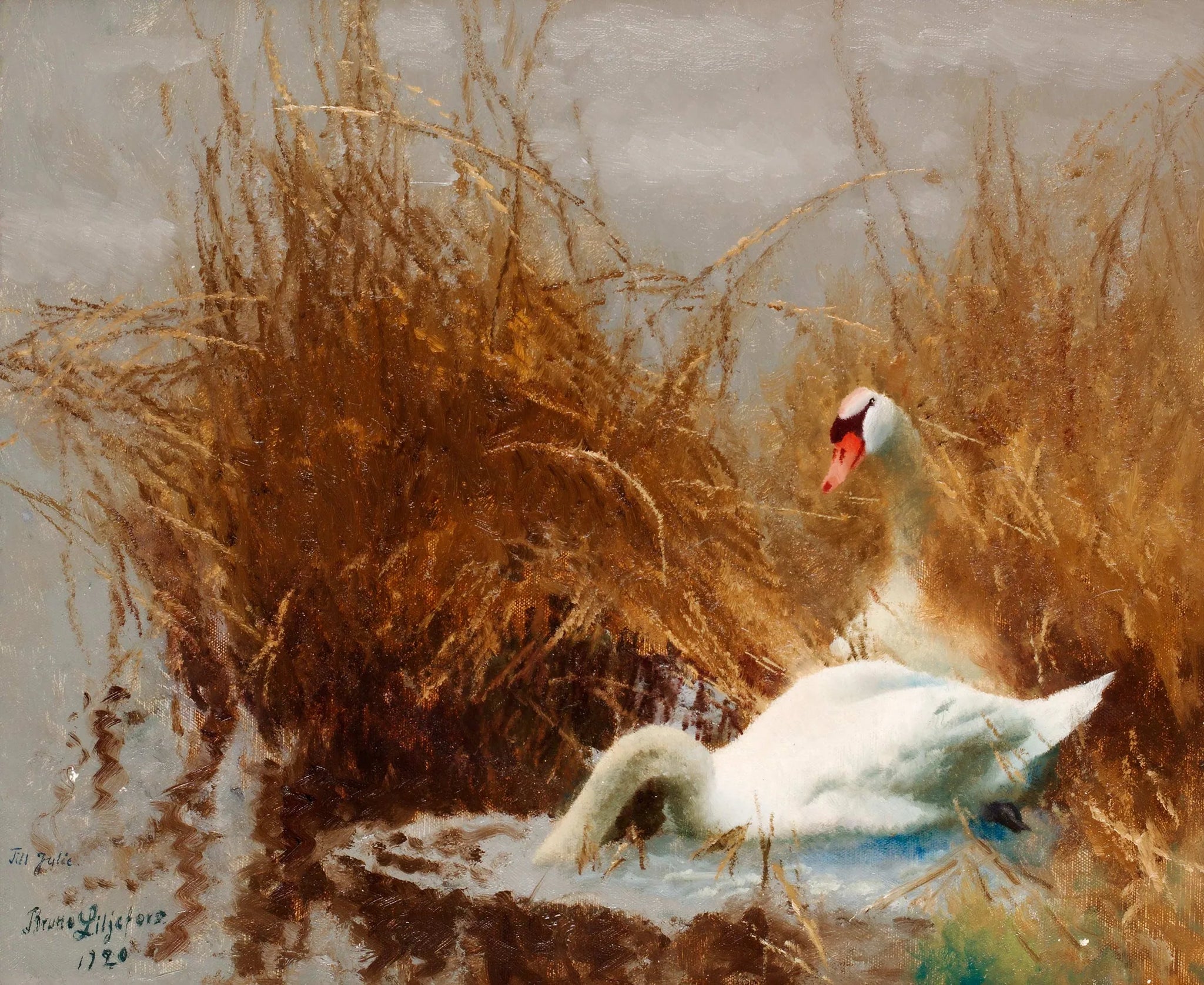 Svanar vid strandkanten - Bruno Liljefors image 1 reproduction artisanale de tableau