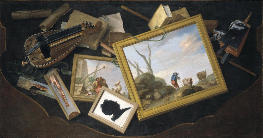 Table en désorde avec peintures, vielle à roue, livres et autres objets en trompe-l'œil. - Charles Joseph Flipart
