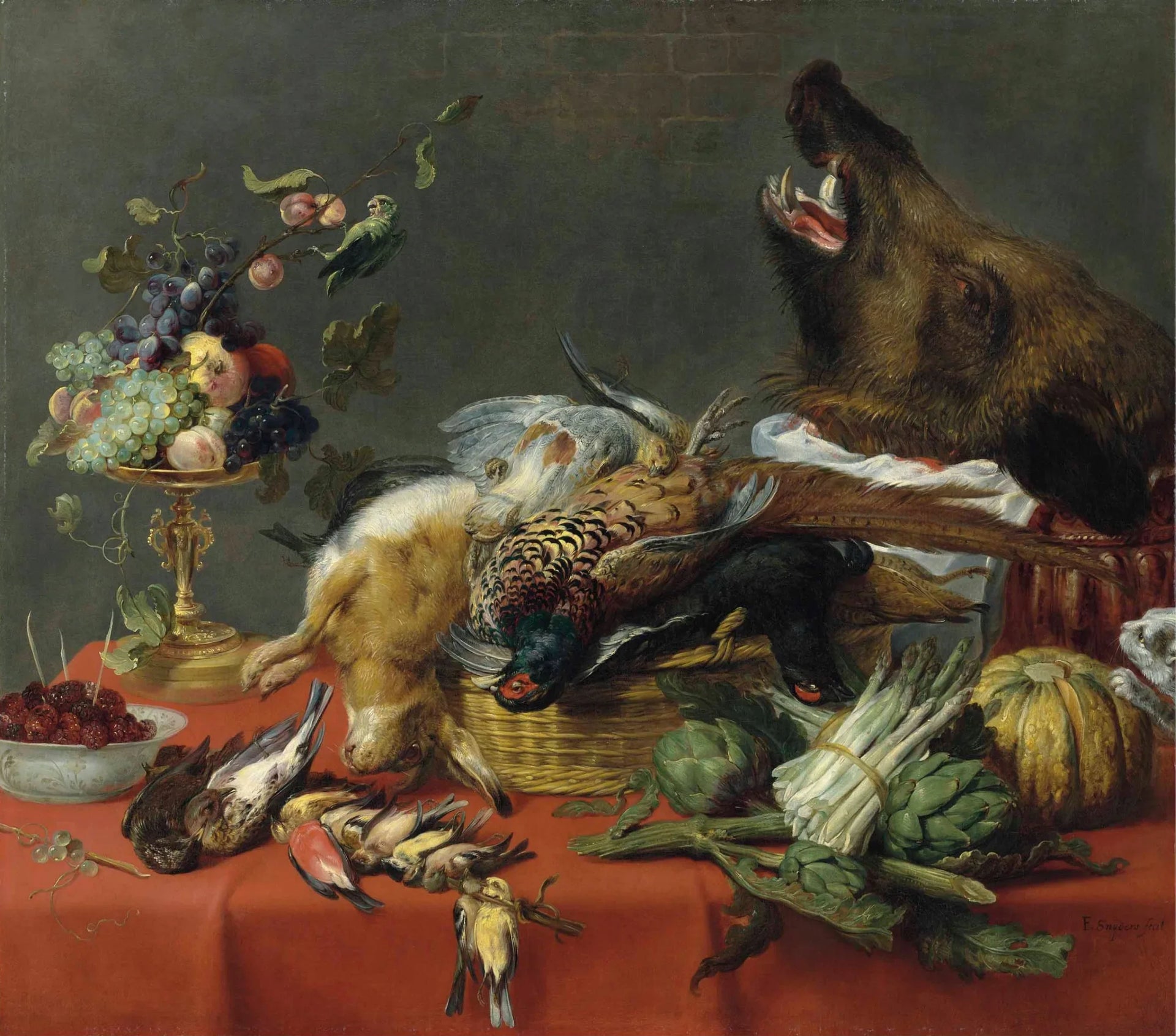 Table nappée chargée de gibier, de fruits, de légumes et d'une tête de sanglier - Frans Snyders image 1 tableau peint à l’huile sur toile