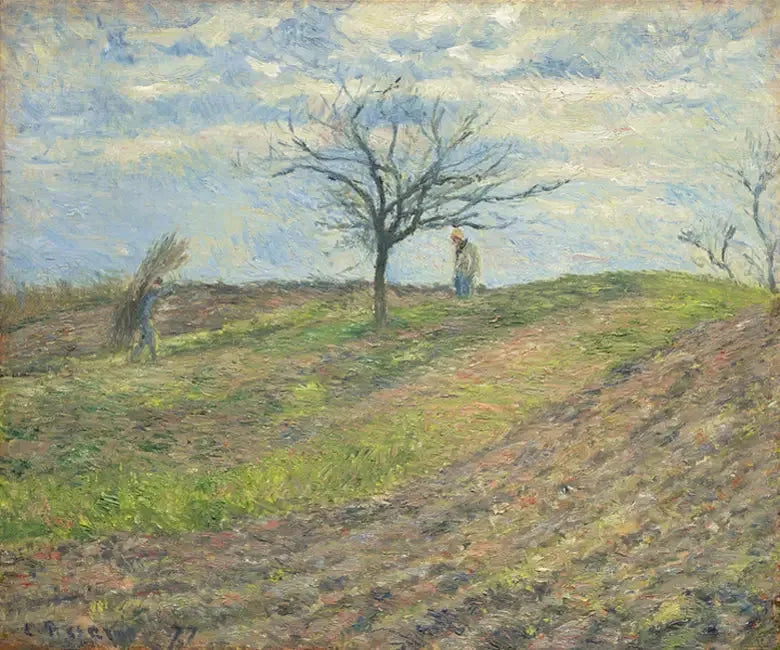 Terre labourée en hiver, avec un homme portant un pédé - Camille Pissarro image 1 copie peinte à la main à l’huile