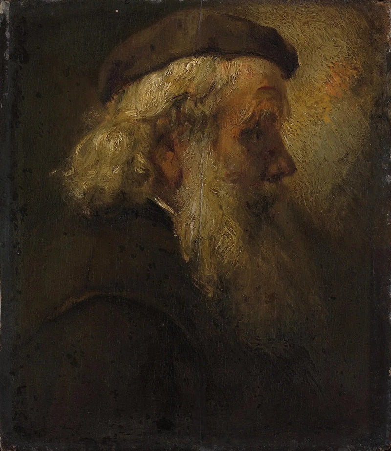 Tête d'un vieil homme barbu en béret, vue de profil - Rembrandt
