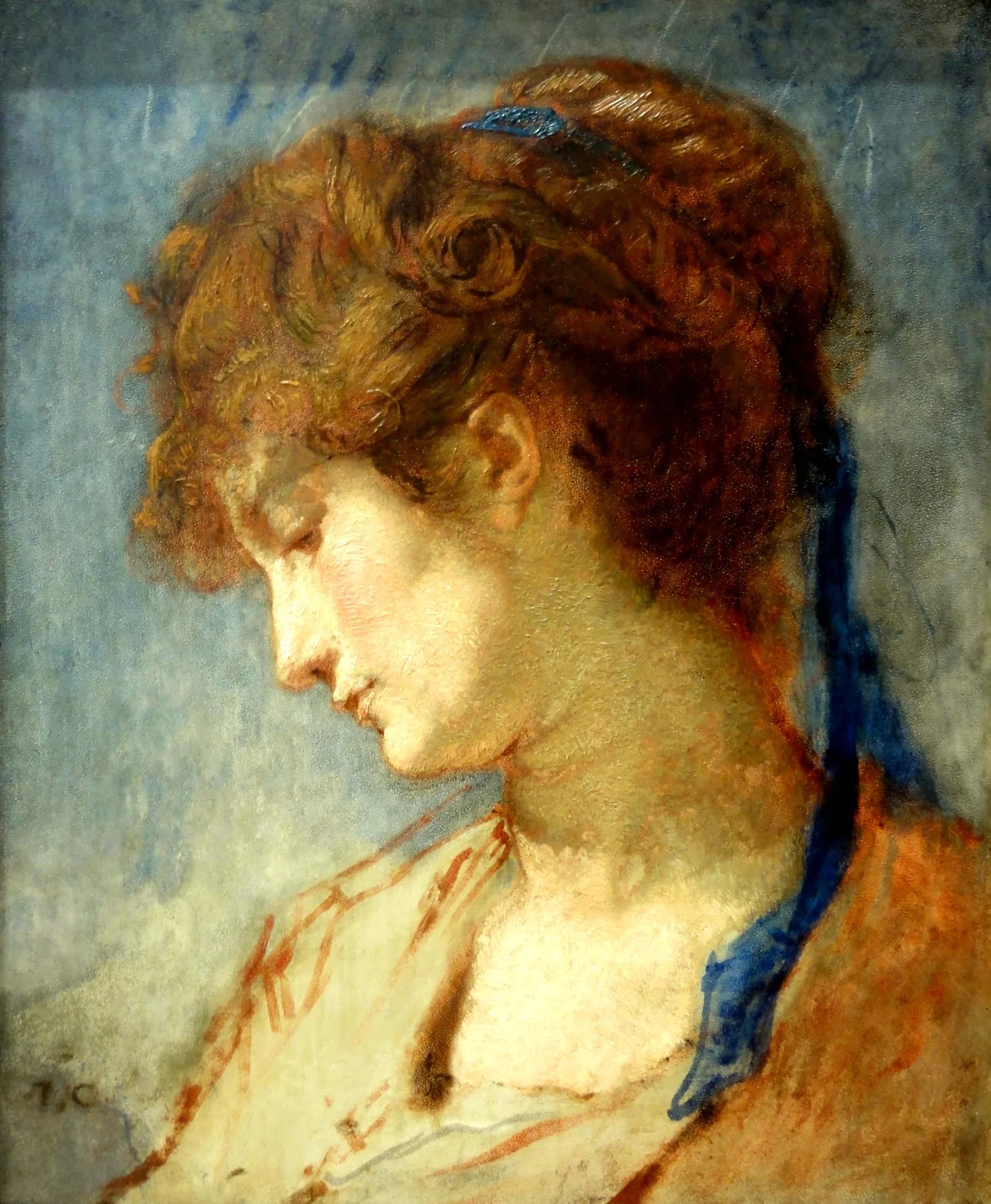 Tête de femme au ruban bleu - Thomas Couture image 1 reproduction de peinture à l’huile