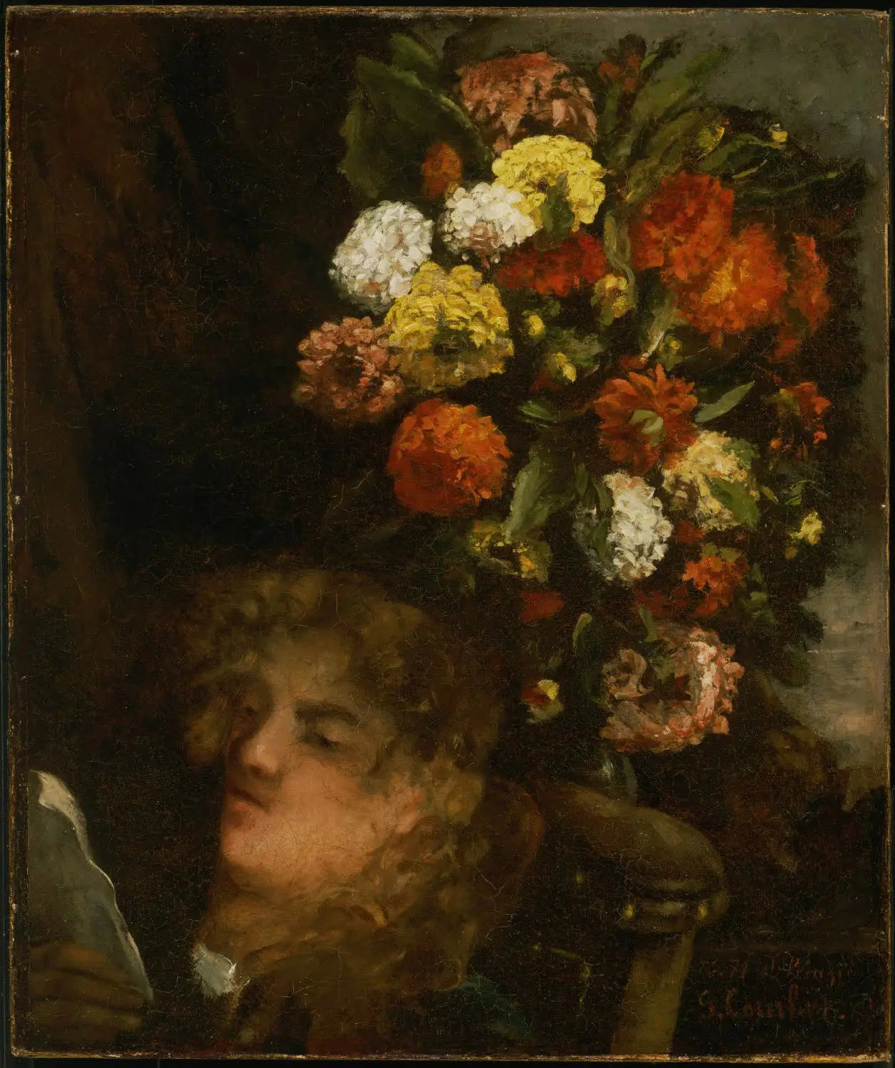 Tête de femme et fleurs - Gustave Courbet image 1 copie peinte à la main à l’huile