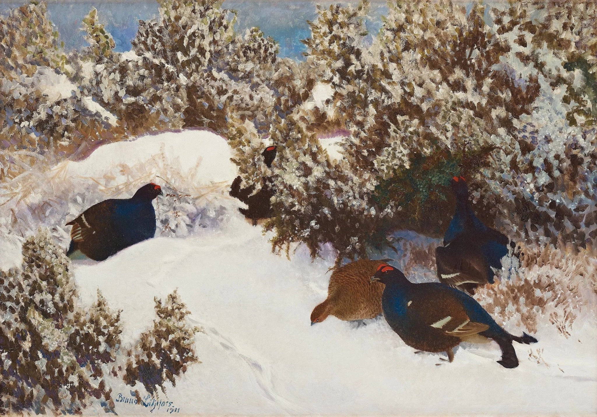 Tétras lyre dans un paysage hivernal - Bruno Liljefors image 1 copie peinte à la main à l’huile