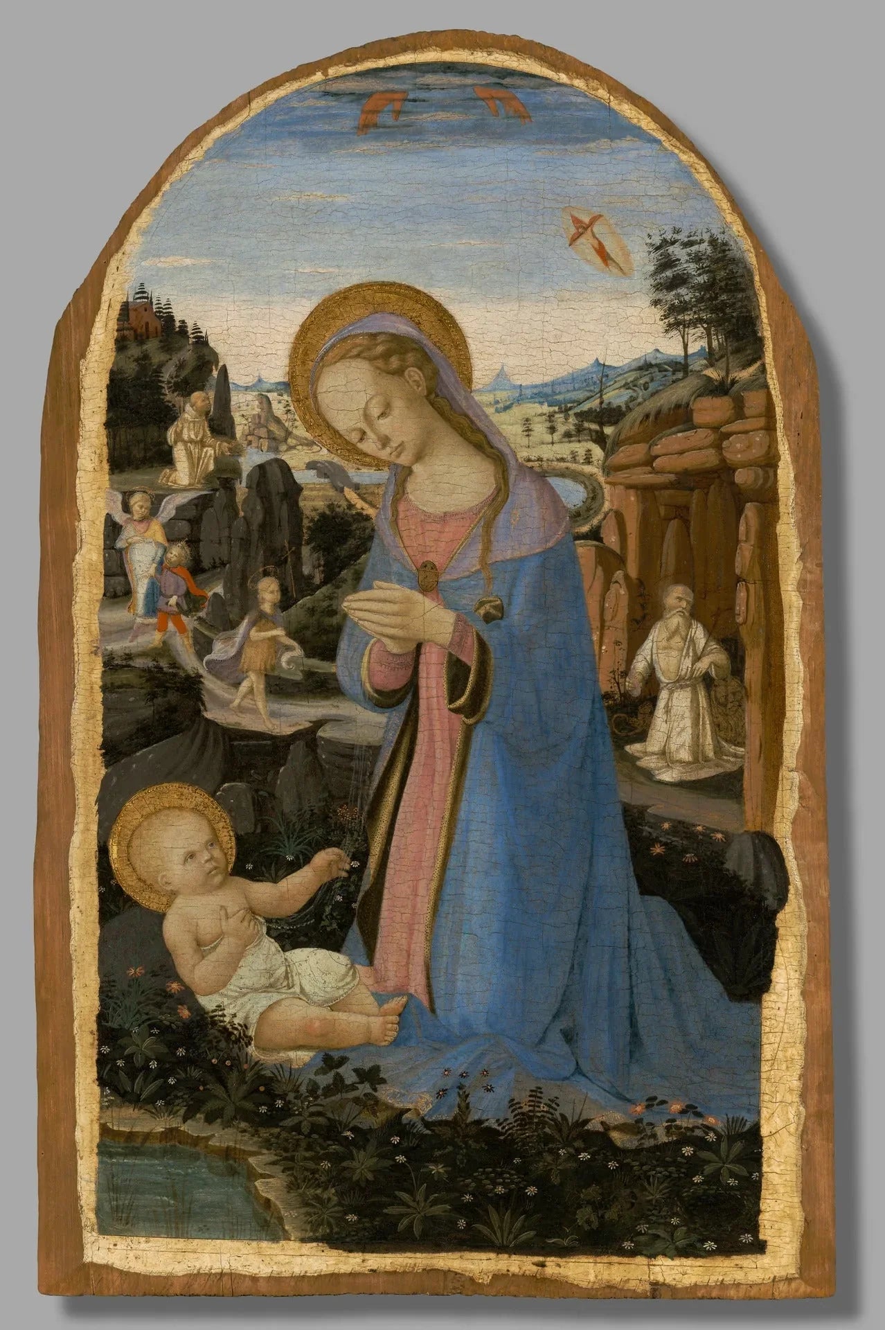 The Adoration of the Christ Child with Saints Francis of Assisi Receiving the Stigmata,Tobias and the Angel, Saint John the Baptist in the Wilderness and the Penitent Saint Jerome - Andrea del Verrocchio image 1 copie peinte à la main à l’huile