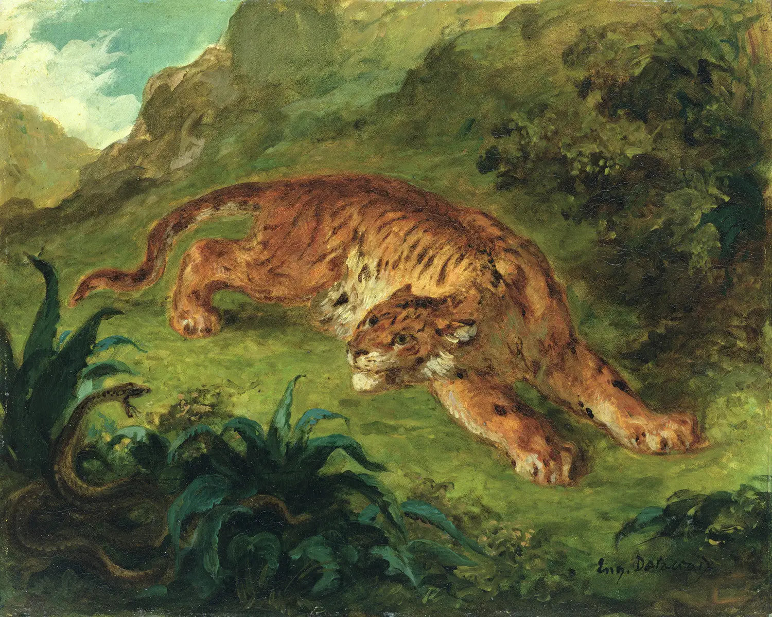 Tigre effrayé par un serpent - Eugène Delacroix image 1 reproduction artisanale de tableau
