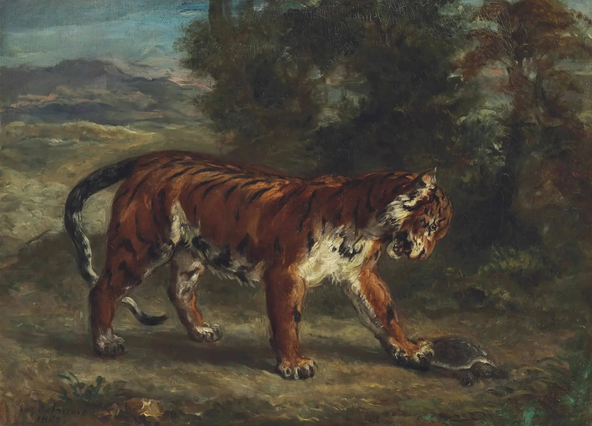 Tigre jouant avec une tortue - Eugène Delacroix image 1 reproduction réalisée par Alpha Reproduction