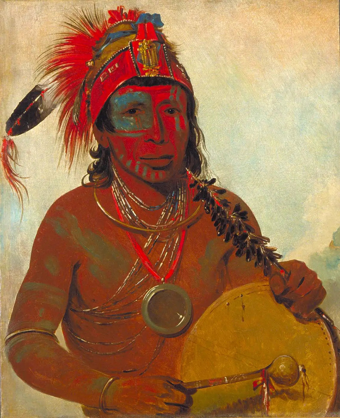 Tóh-to-wah-kón-da-pee, Médecine Bleue, un guérisseur du groupe Ting-ta-to-ah - George Catlin image 1 tableau peint à l’huile sur toile