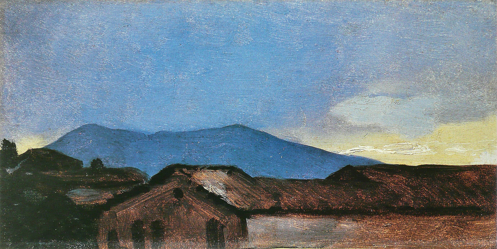Toits et collines au coucher du soleil - Léon Cogniet image 1 reproduction de peinture à l’huile