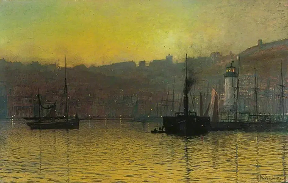 Tombée de la nuit dans le port de Scarborough, Yorkshire du Nord - John Atkinson Grimshaw image 1 copie peinte à la main à l’huile