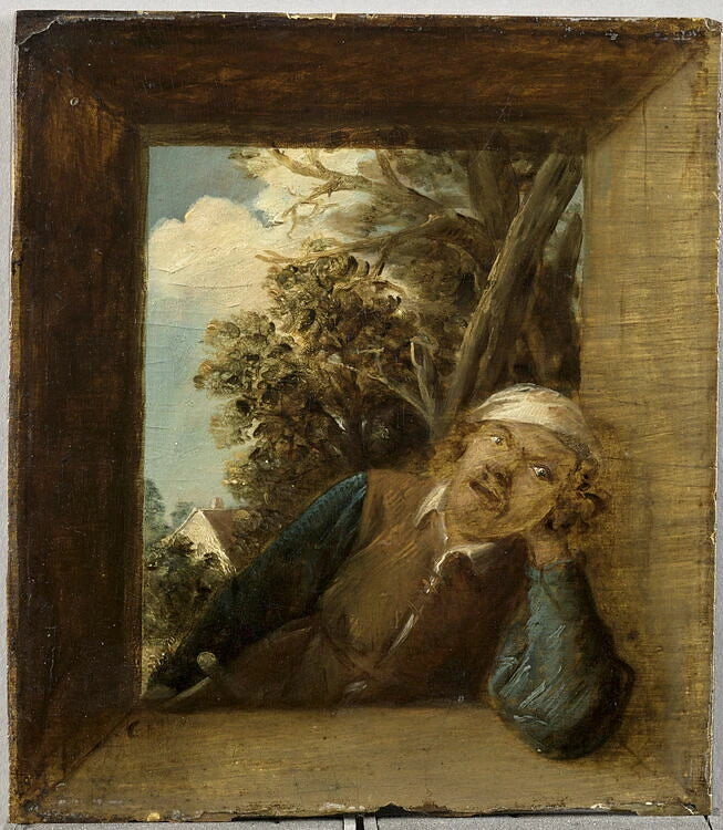 Le Toucher, figure d'homme dans l'embrasure d'une fenêtre rustique, sur fond de paysage - Joos van Craesbeeck