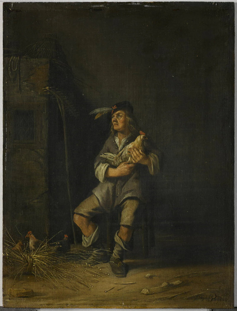 Le Toucher : paysan tenant une poule - Anthonie Palamedesz.