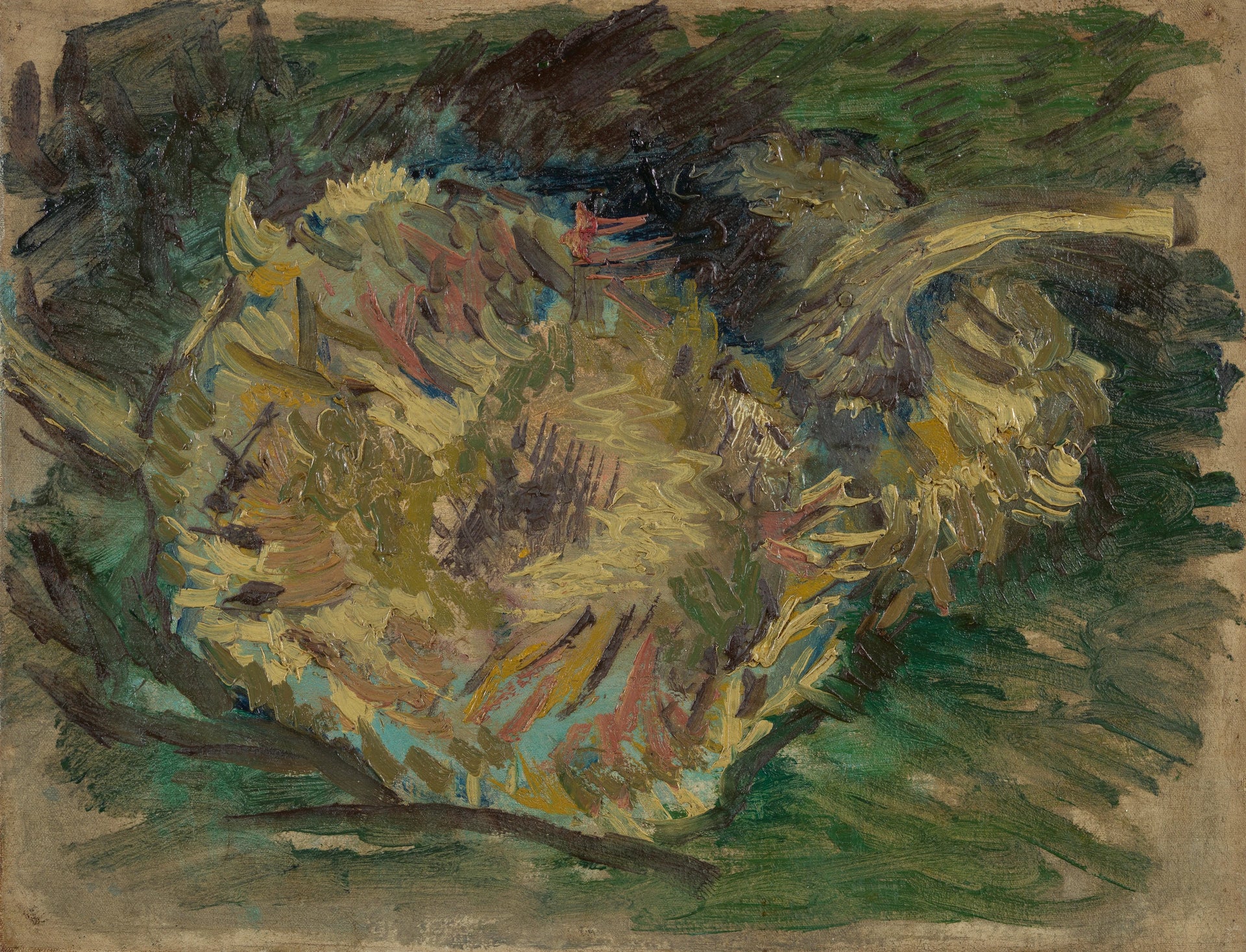 Tournesols montés en graines, F377 — deux capitules coupés peints par Vincent van Gogh à Paris