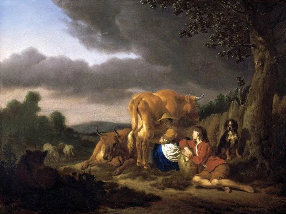 Traire une vache - Adriaen van de Velde image 1 reproduction d’œuvre d’art à l’huile