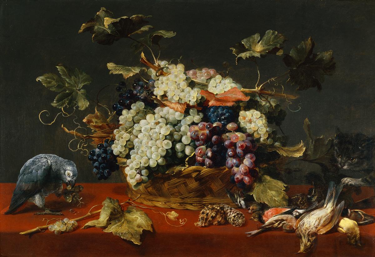 Traubenkorb mit Papagei und Katze - Frans Snyders image 1 copie de tableau peinte à la main