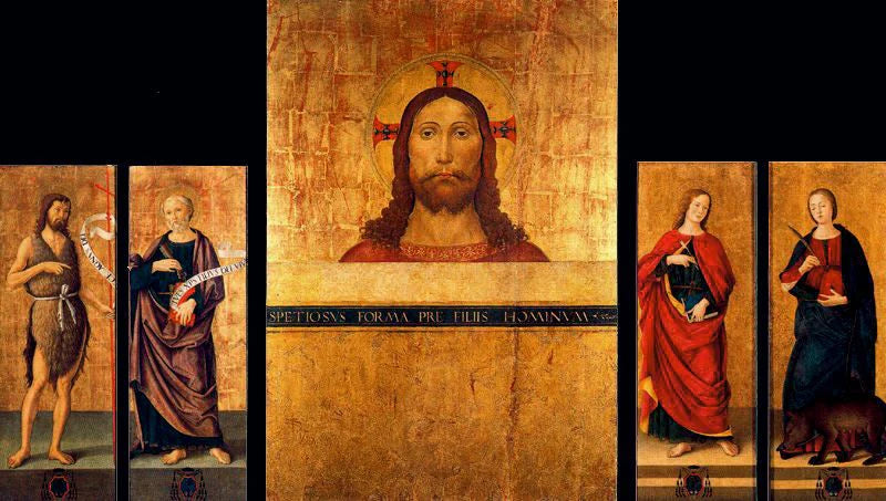Triptyque: Buste du Christ, Saint Jean-Baptiste et Saint Pierre. Fermé: Saint Jean l'Évangéliste et Sainte Colombe - Antoniazzo Romano