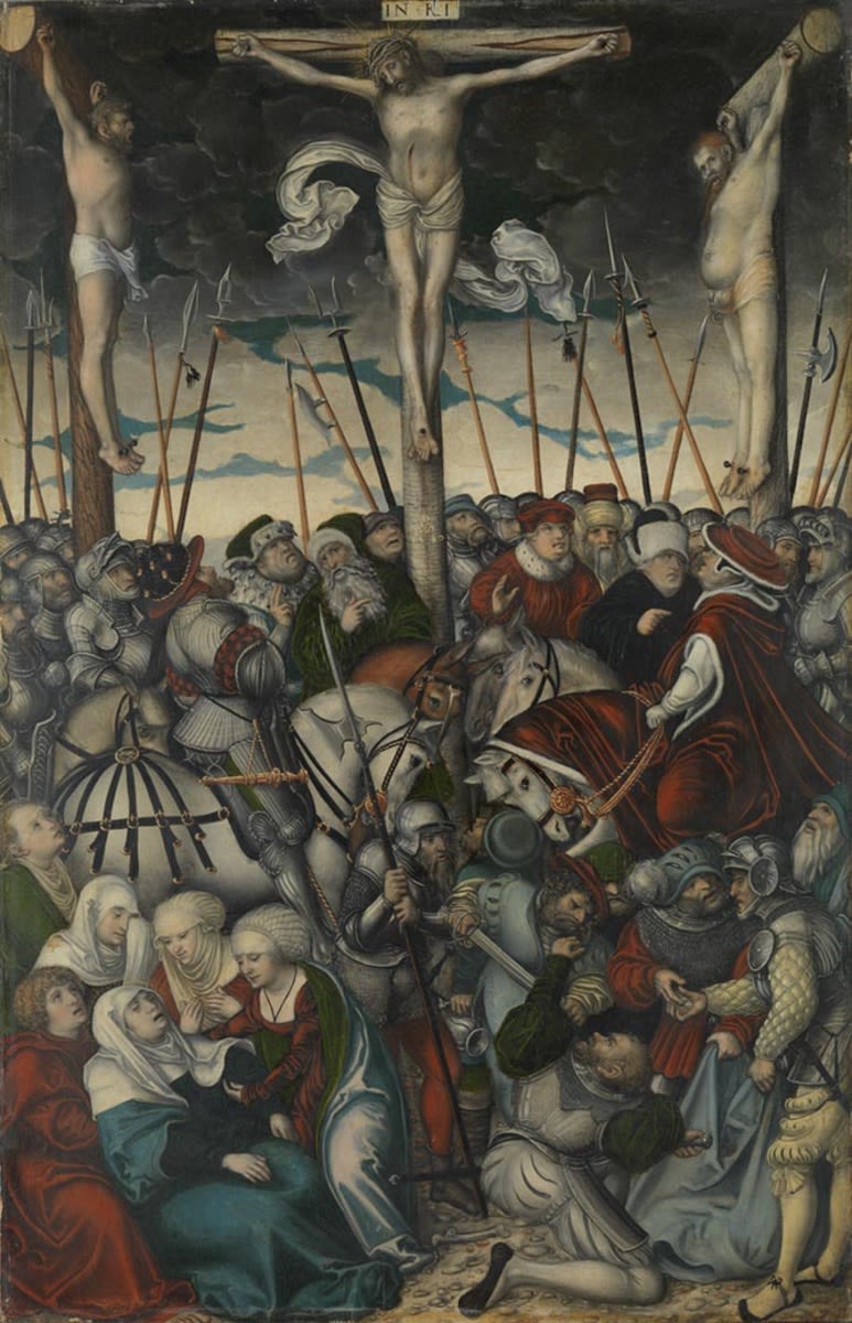 Triptyque de la Crucifixion : Crucifixion de Jésus - Lucas Cranach the Elder image 1 copie peinte à la main à l’huile