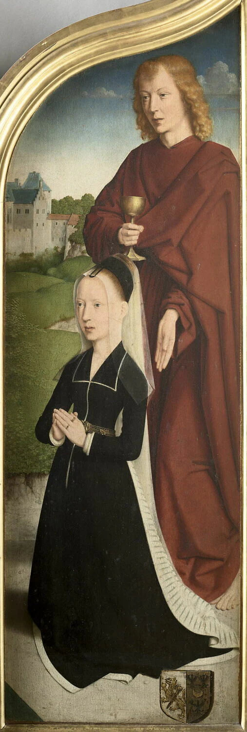 Triptyque de la famille Sedano : volet droit : Marie, épouse de Jean de Sedano, en prière avec saint Jean l'Évangéliste ; face externe : Ève, nue - Gérard David
