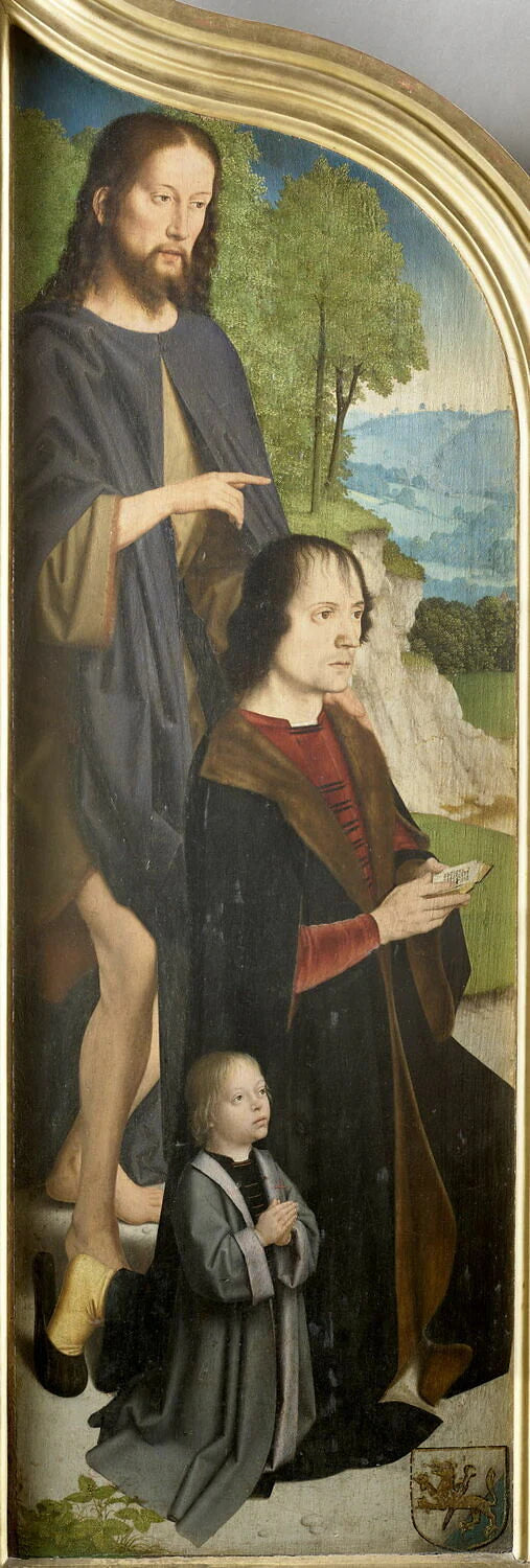 Triptyque de la famille Sedano : volet gauche : Jean de Sedano et son fils en prière, avec saint Jean-Baptiste ; face externe : Adam, nu - Gérard David