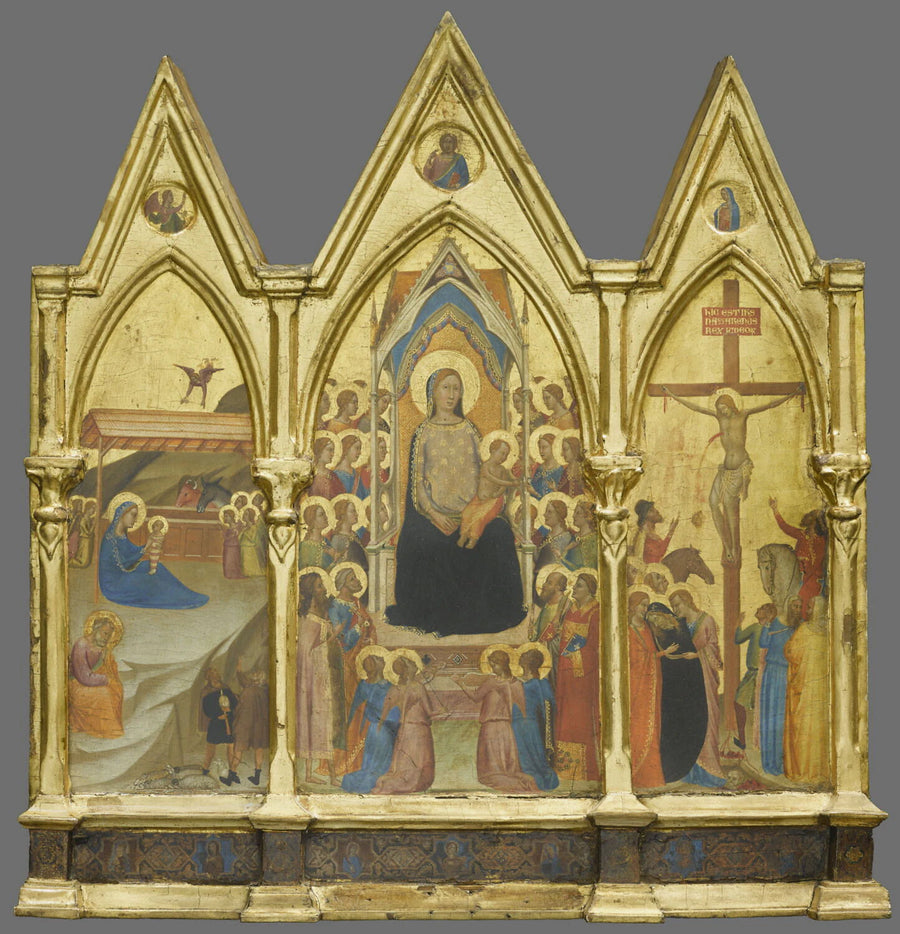 Triptyque fixe : au centre, La Vierge et l'Enfant entourés de vingt anges et de quatre saints (Jean Baptiste et Pierre d'une part, Paul et Laurent [?] de l'autre); à gauche, La Nativité ; à droite, La Crucifixion ; à l'intérieur des... - Bernardo Daddi