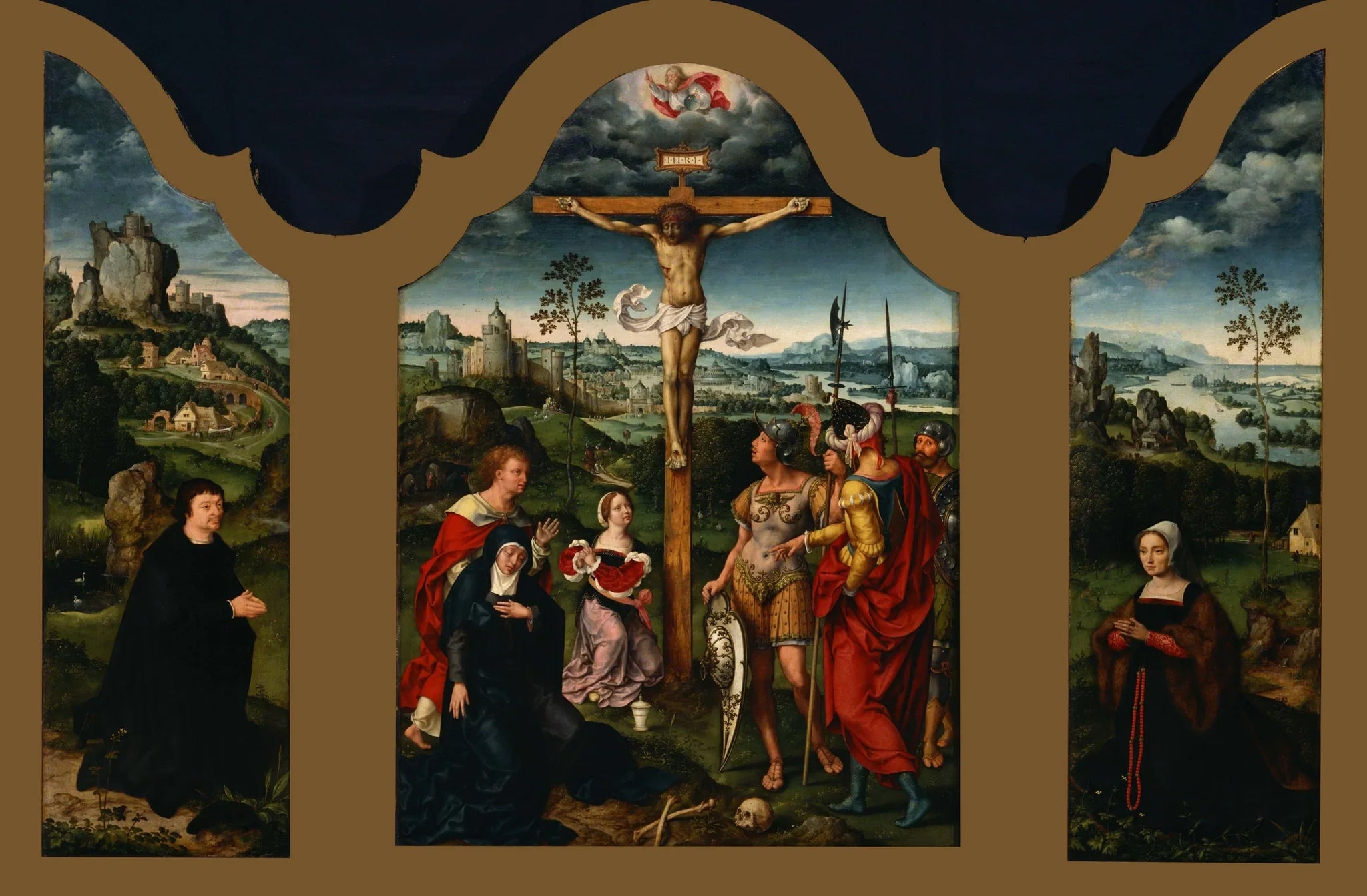 Triptyque : La Crucifixion flanquée du donateur agenouillé et de son épouse - Joos van Cleve image 1 reproduction de peinture à l’huile