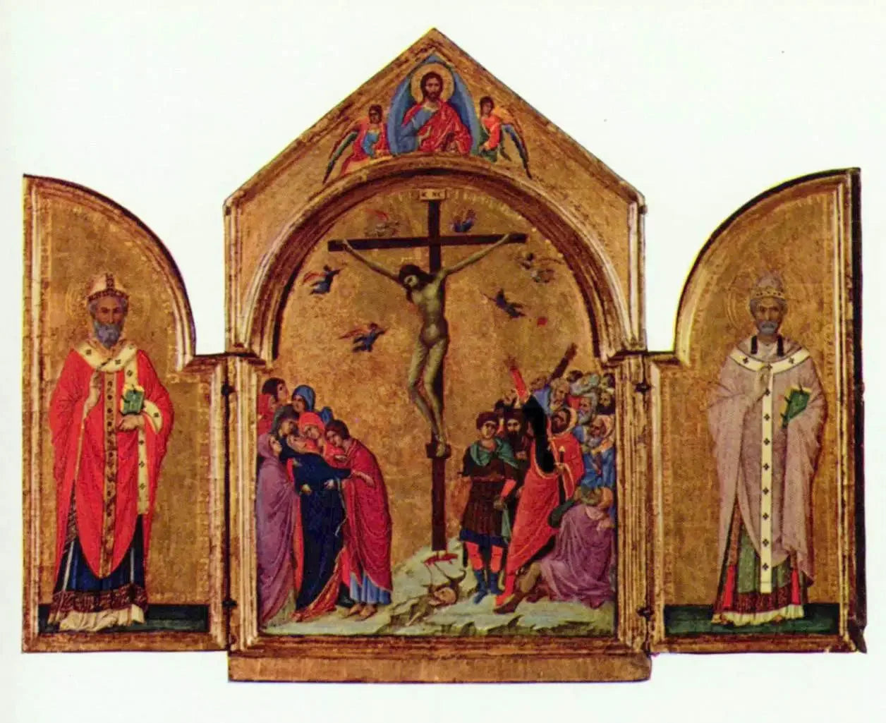 Triptyque : la Crucifixion ; le Rédempteur avec les anges ; saint Nicolas ; saint Grégoire - Duccio di Buoninsegna image 1 copie peinte à la main à l’huile