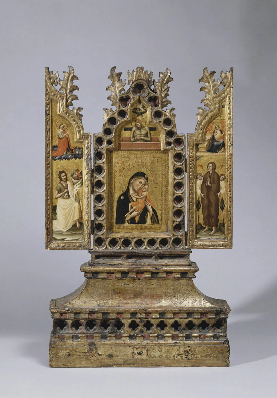 Triptyque-reliquaire à volets mobiles : Panneau central : La Vierge et l'Enfant; au-dessus, le Christ au tombeau ;- Volet gauche : Saint Jean Baptiste ; au-dessus, l'Ange de l'Annonciation .- Volet droit : Sainte... - Simone dei Crocifissi