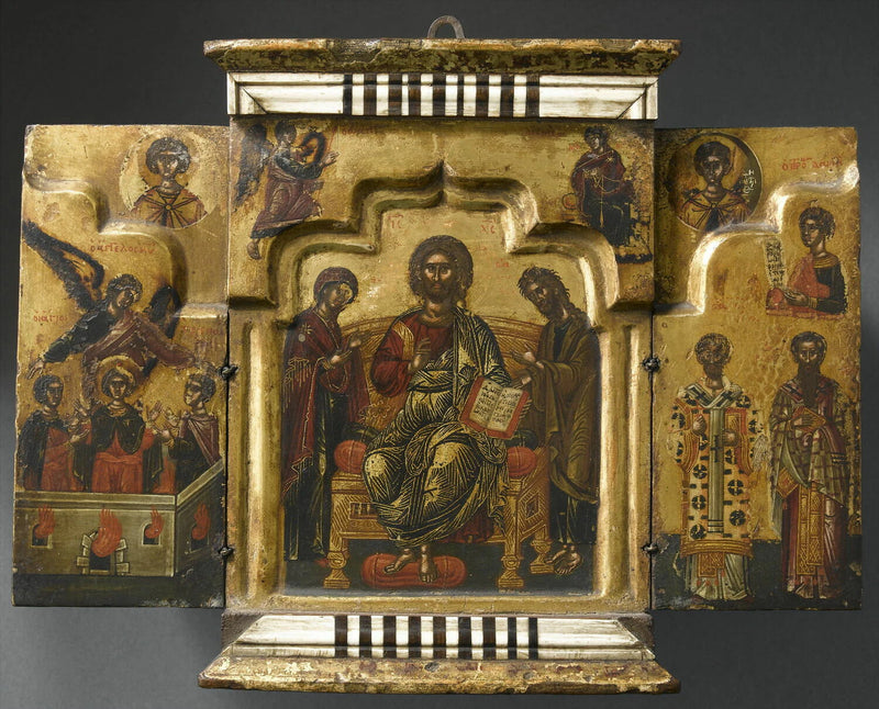 Triptyque à volets mobiles :au centre : La Déisis (le Christ trônant entouré des deux intercesseurs : la Vierge et saint Jean Baptiste) ; au-dessus : L’Annonciation (à gauche, l’archange Gabriel ; à droite, la Vierge filant). - Grèce