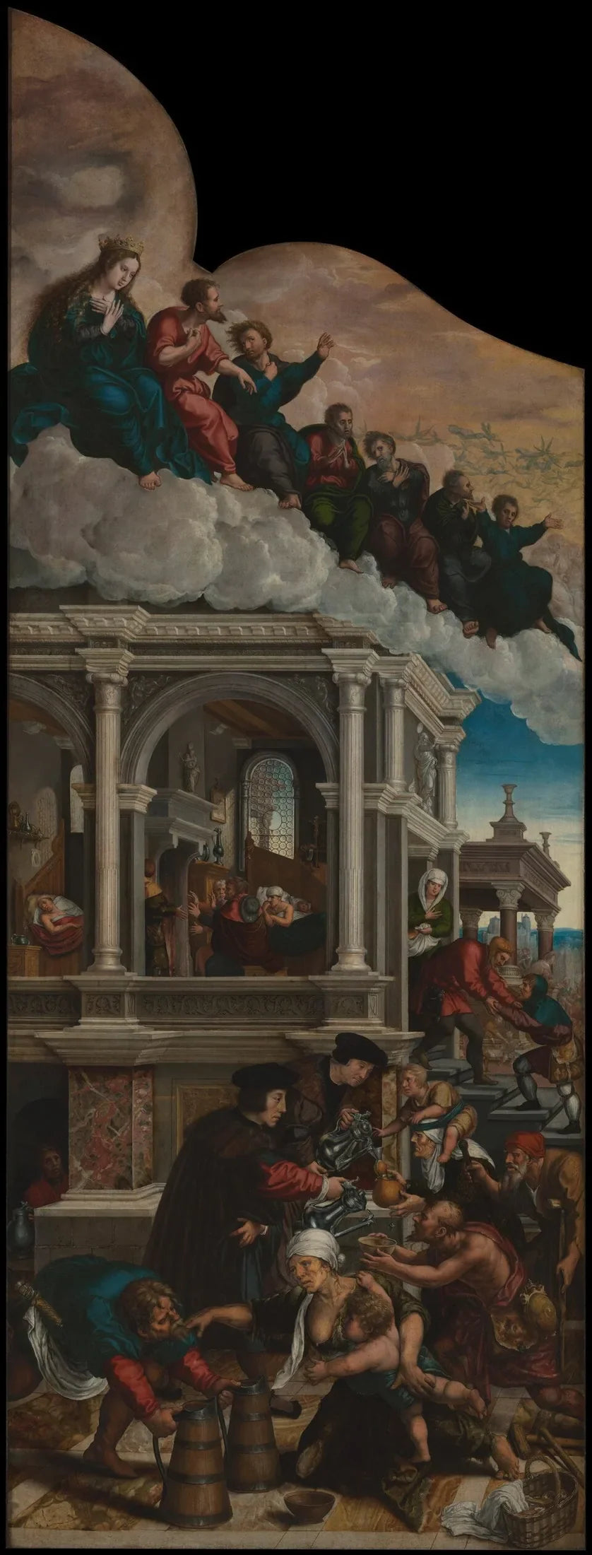 Trois actes de miséricorde : donner à boire aux assoiffés, visiter les malades et héberger les étrangers. - Bernard van Orley image 1 tableau peint à l’huile sur toile