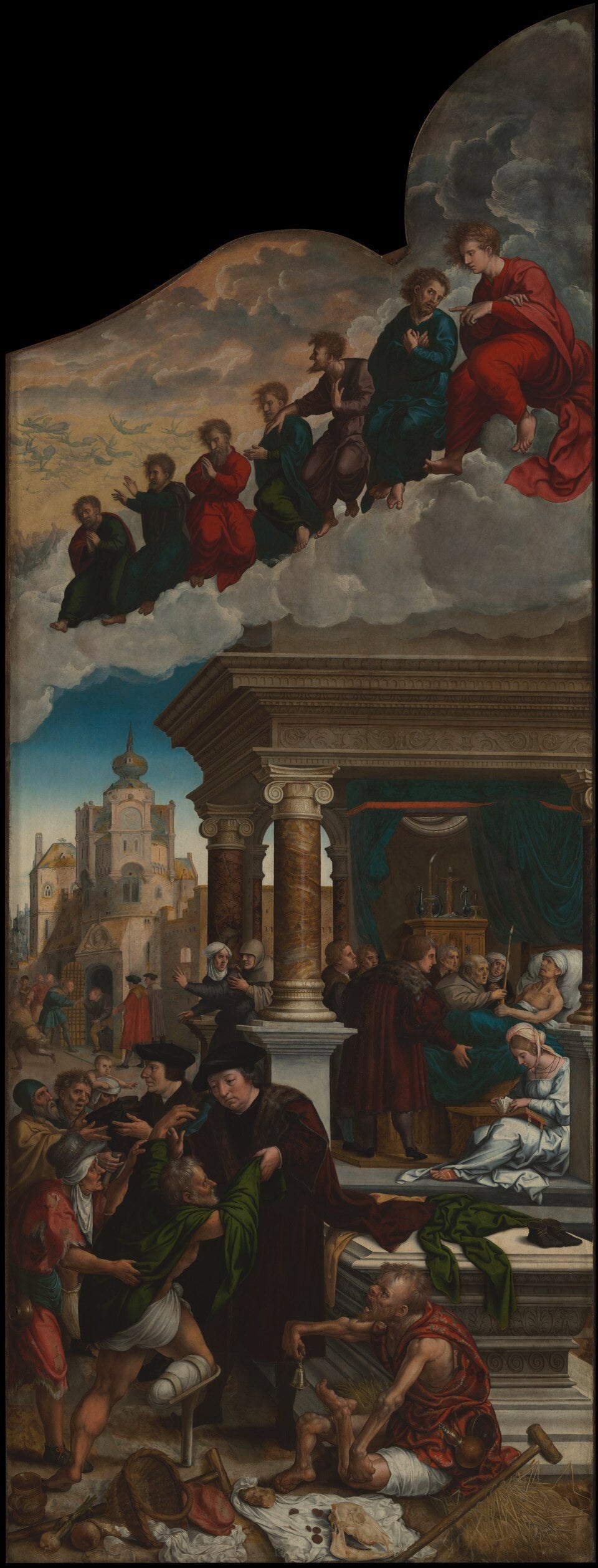 Trois actes de miséricorde : vêtir les nus, libérer les prisonniers et nourrir les affamés - Bernard van Orley image 1 reproduction artisanale de tableau