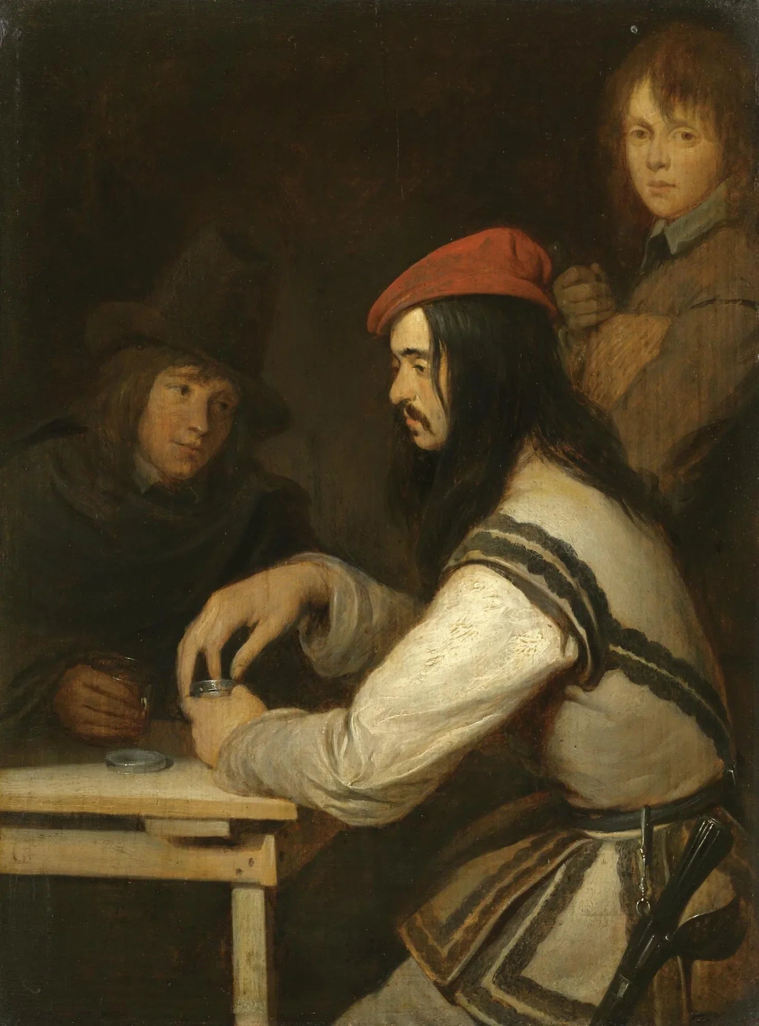 Trois hommes dans une taverne, l'un d'eux prend du tabac. - Gerard ter Borch image 1 reproduction de peinture à l’huile