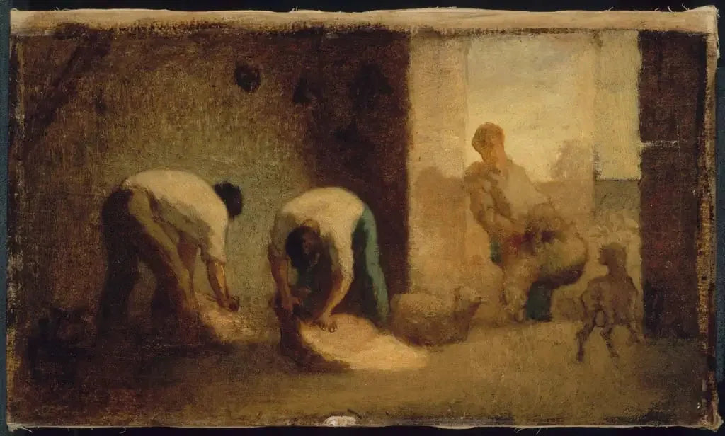 Trois hommes tondent des moutons dans une grange - Jean-François Millet image 1 copie peinte à la main à l’huile
