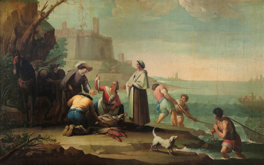 Trois marins tirant le filet et une femme vendant du poisson - Zacarías González Velázquez