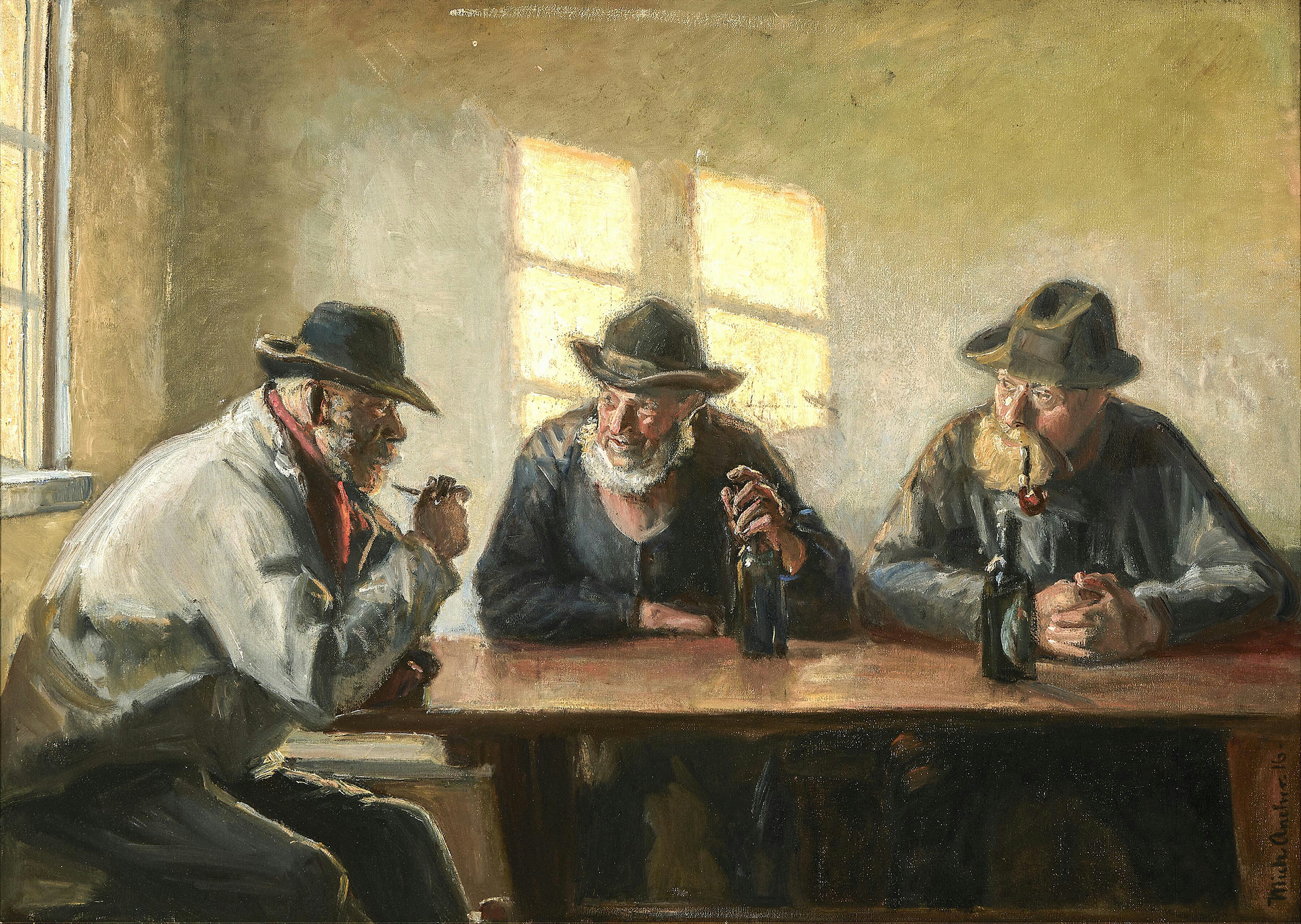 Trois pêcheurs dans le magasin de Brøndum. (1916). - Michael Peter Ancher image 1 reproduction artisanale de tableau